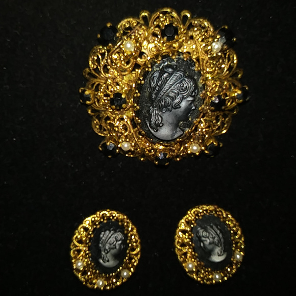 W Germany Jewelry - Vintage W Germany Blk Cameo Brooch & Earrings